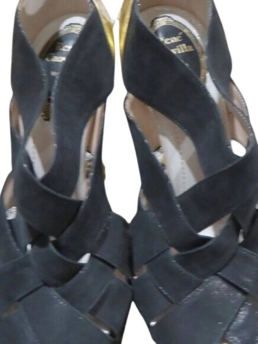 Rene Caovilla  Stunning Black Gold Shimmer Italian Leather luxury peep toe heels